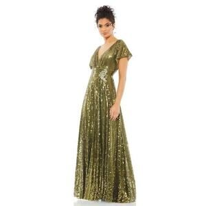 NWT Mac Duggal Sequined Wrap Over A-Line Gown Butterfly Sleeve Olive Size 12